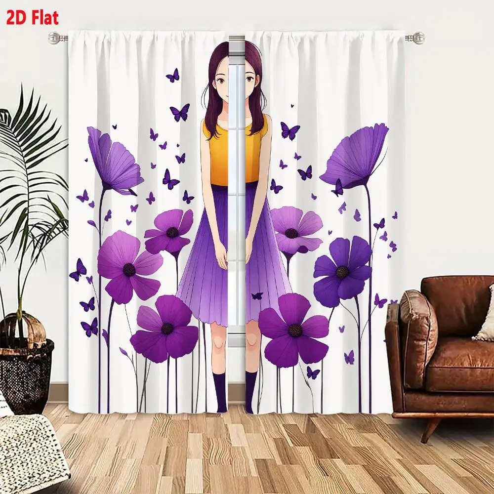 2Pcs Curtains 2D Flat Young Woman Standing Amidst Tall Vibrant Purple Flowers With Dark Purple Centers Long Stems Long Brown Hai