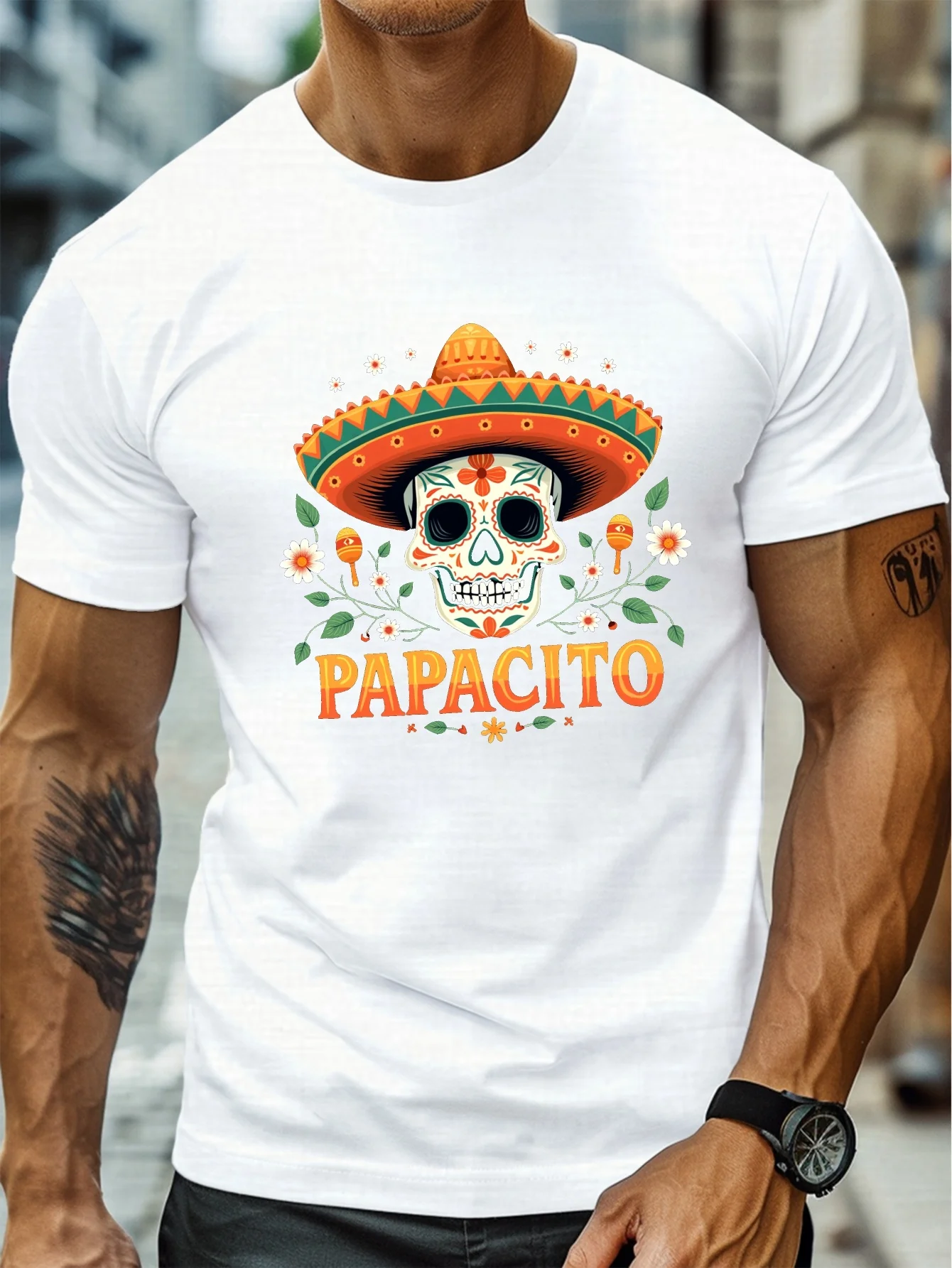 الرجال الرقبة تي شيرتات قصيرة الاكمام يوم الموتى الجمجمة تصميم نابضة بالحياة Papacito طباعة عادية الصيف تي شيرت الجمجمة تي شيرت بلايز رياضية