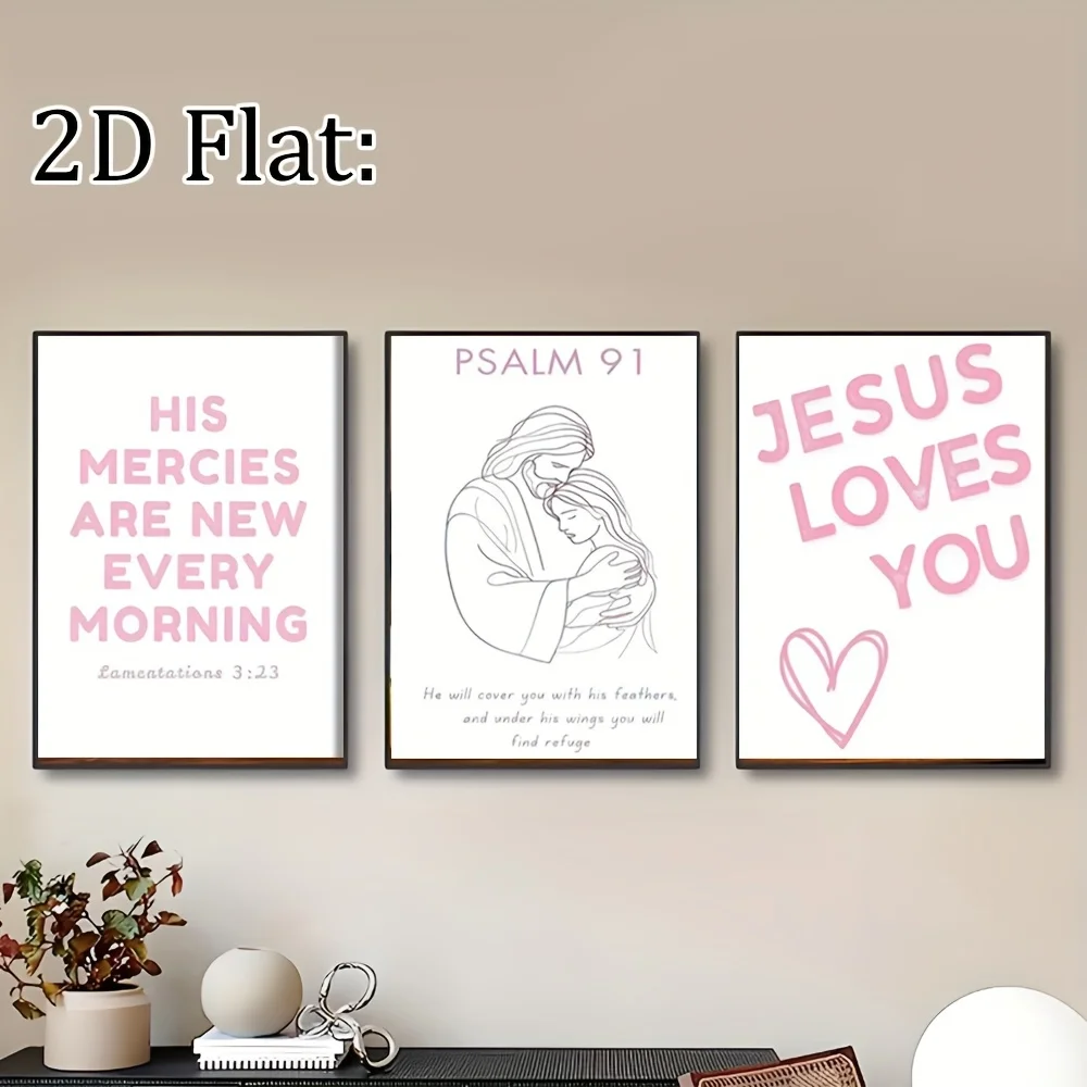（NoFrame 3PCS）-2D Flat, Wall Decor 2D Flat, 2D Flat 3pcs Unframed Pink Christian Wall Art Preppy Bible Verses Painting Pictur