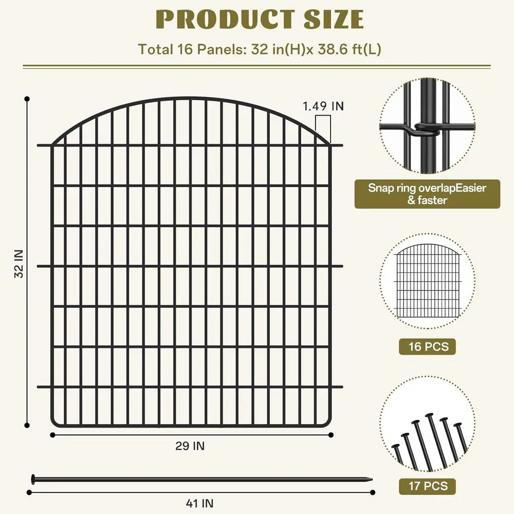 16 Panels No Dig Garden Fence with Gate, 32in x 38.6ft Decorative Dog Fence Outdoor for Yard, Tall Animal Barrier Fencing Rustpr