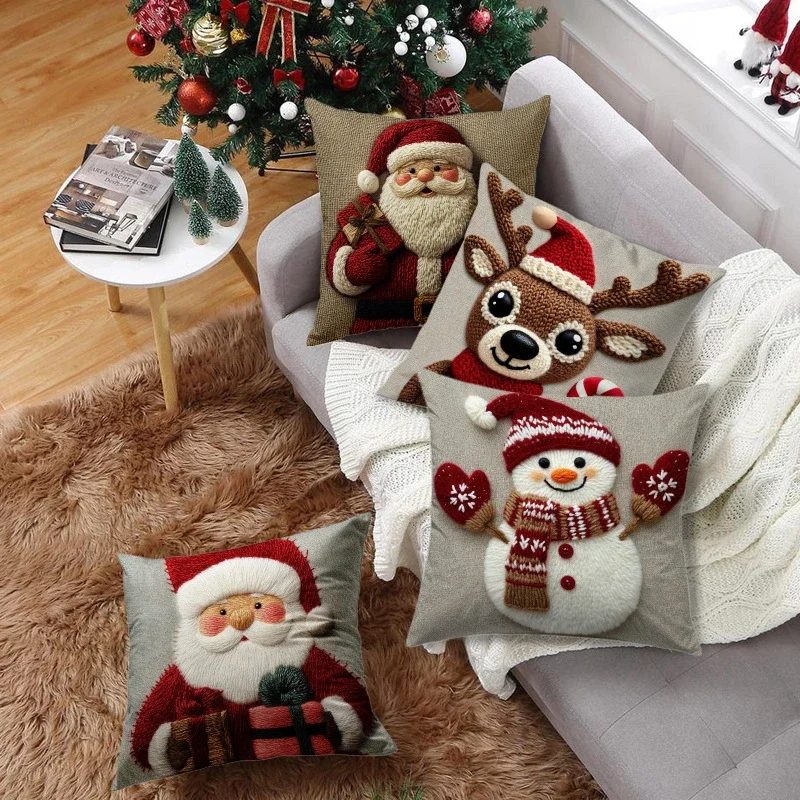 Christmas Pillowcase Grey Red Cartoon Santa Snowman Elk Sofa Cushion Cover Home Bed Car Decor Merry Christmas 45cm X 45cm