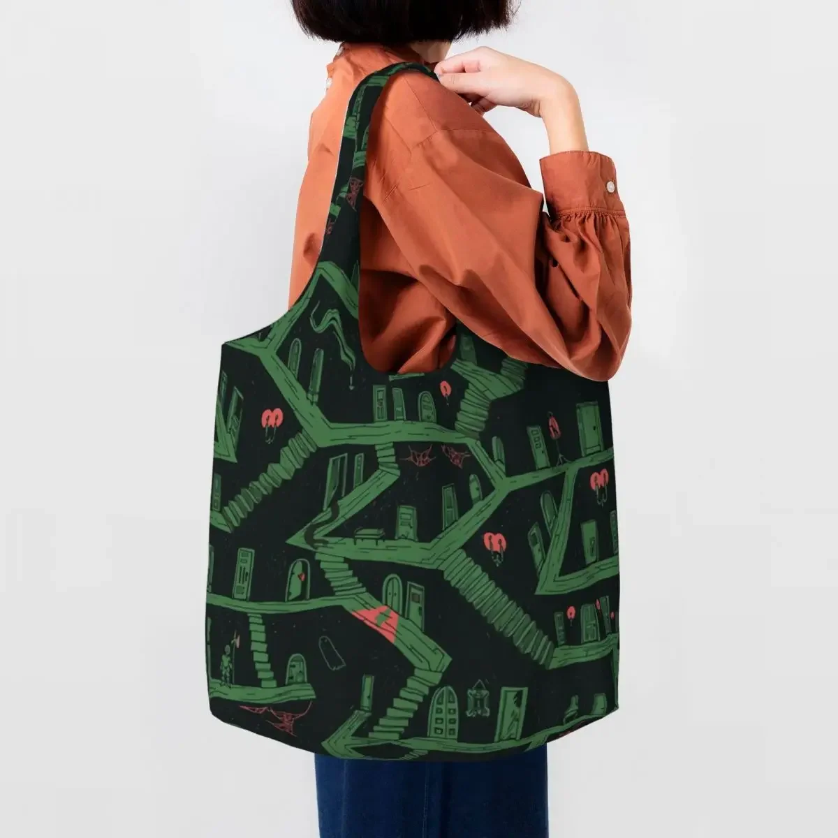 

Halloween Haunted Mansion House Groceries Shopping Tote Bags Women Ghost Canvas Shoulder Shopper Bags Capacity Bags Handbags