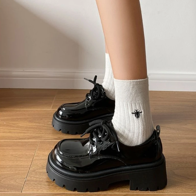 

British Style Women's Thick Sole Lace Up Leather Shoes Round Toe Platform Height Increasing Versatile 2025 Spring Autumn New