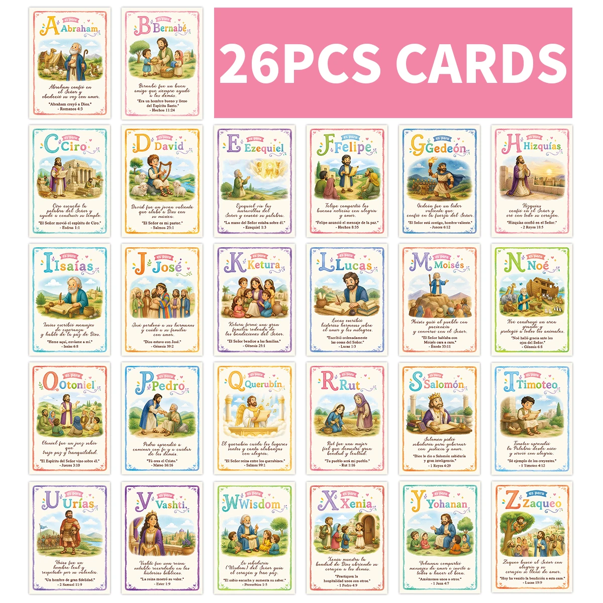 26pcs Spanish Bible Verse Alphabet Cards,Christian Biblical Characters Memory Cards,Prayer Encouragement Greeting Cards Gifts