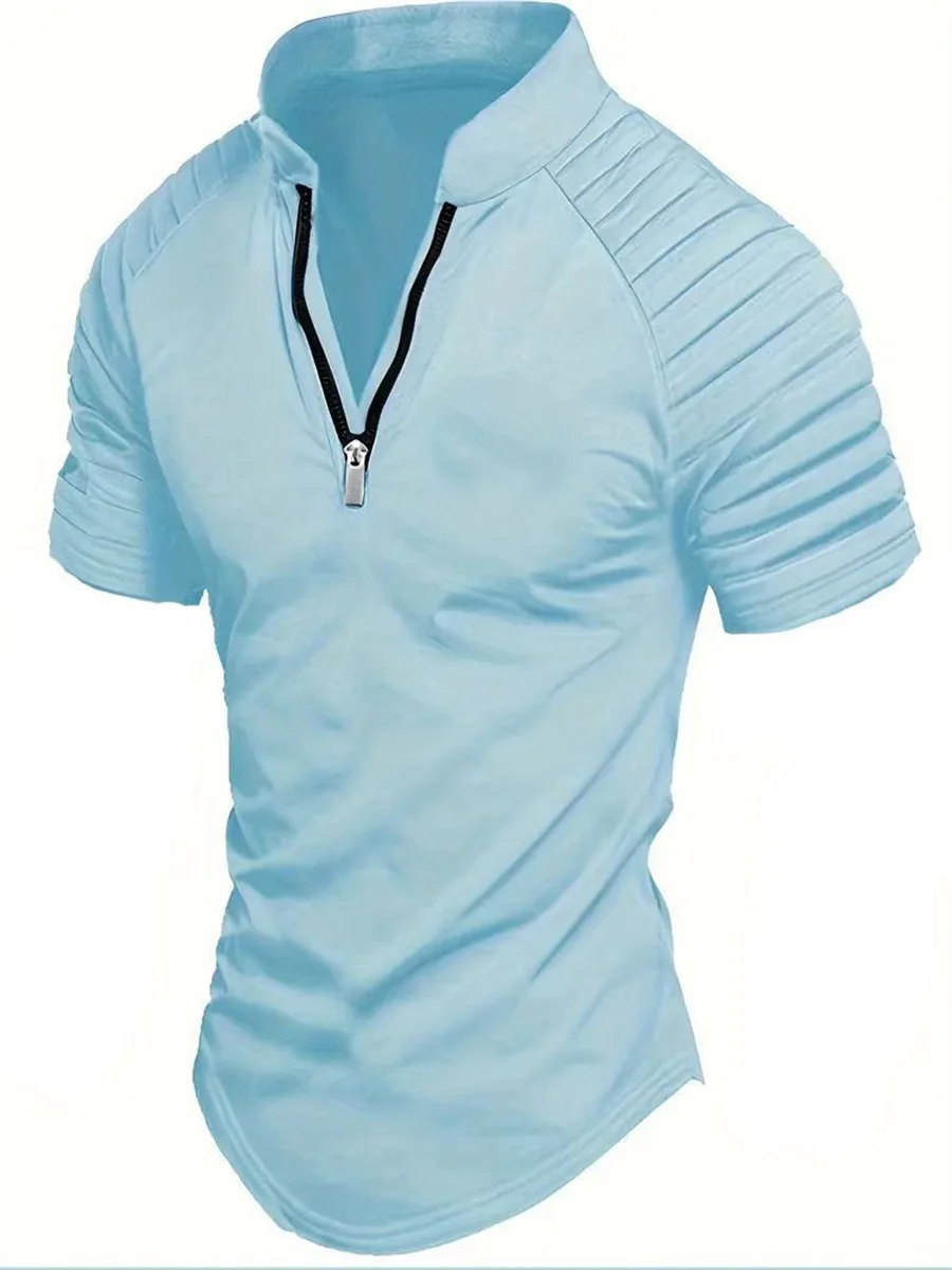 Men's short-sleeved polo shirt with half zip, stand-up collar, fashionable solid color, pleated elastic shoulders and slim fit.