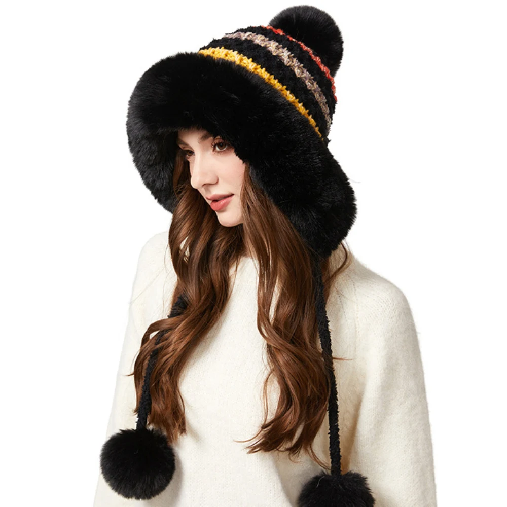 

HT4920 Three Pompoms Skullies Beanies Thick Warm Winter Hat Women Russian Fur Hat Ladies Knitted Hat Female Snow Ski Earflap Cap