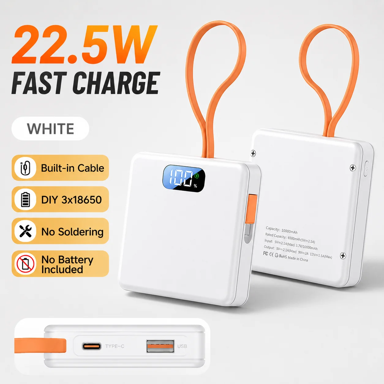 22.5W Fast Charging 18650 Battery Box, PD QC3.0 Type C DIY Portable Charger Housing With Accessory Cable, No Battery Inside