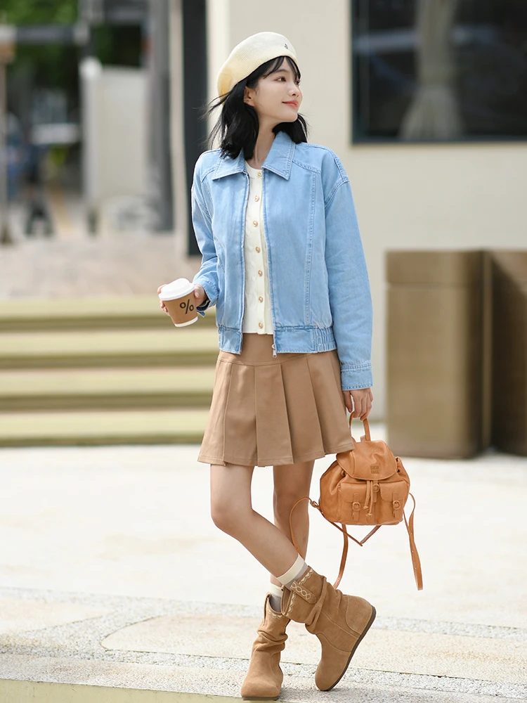 

Hotwind Ladies Denim Jaet Turn-down Collar Thin Denim Outerwear Autumn New Sle American Retro Sle Top Street Sle Cotton