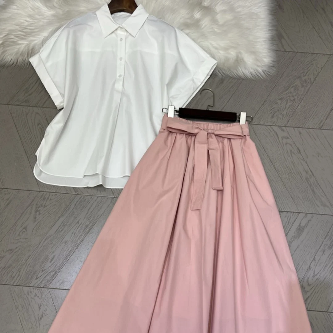 New Arrival Women's Summer White Drop Shoulder Shirt Flared Midi Skirt 2-Piece Casual Outfit Set
