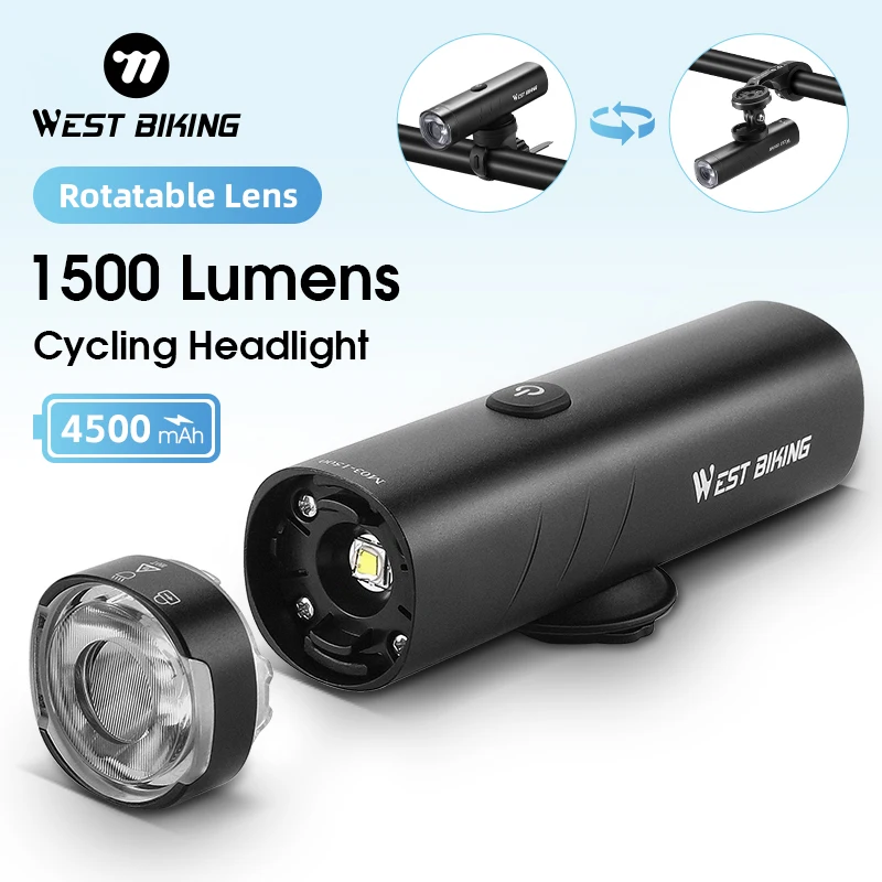 

WEST BIKING 1200/1500LM Bike Front Light Rotate Lens Waterproof Bicycle Temperature Control Light Flashlight Cycling Headlight