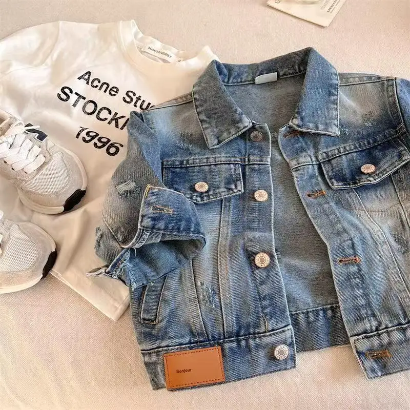 Children's Clothing Denim Jacket Autumn New Retro Item for Boys and Girls Solid Color Ripped Denim Jacket Baby Versatile Top