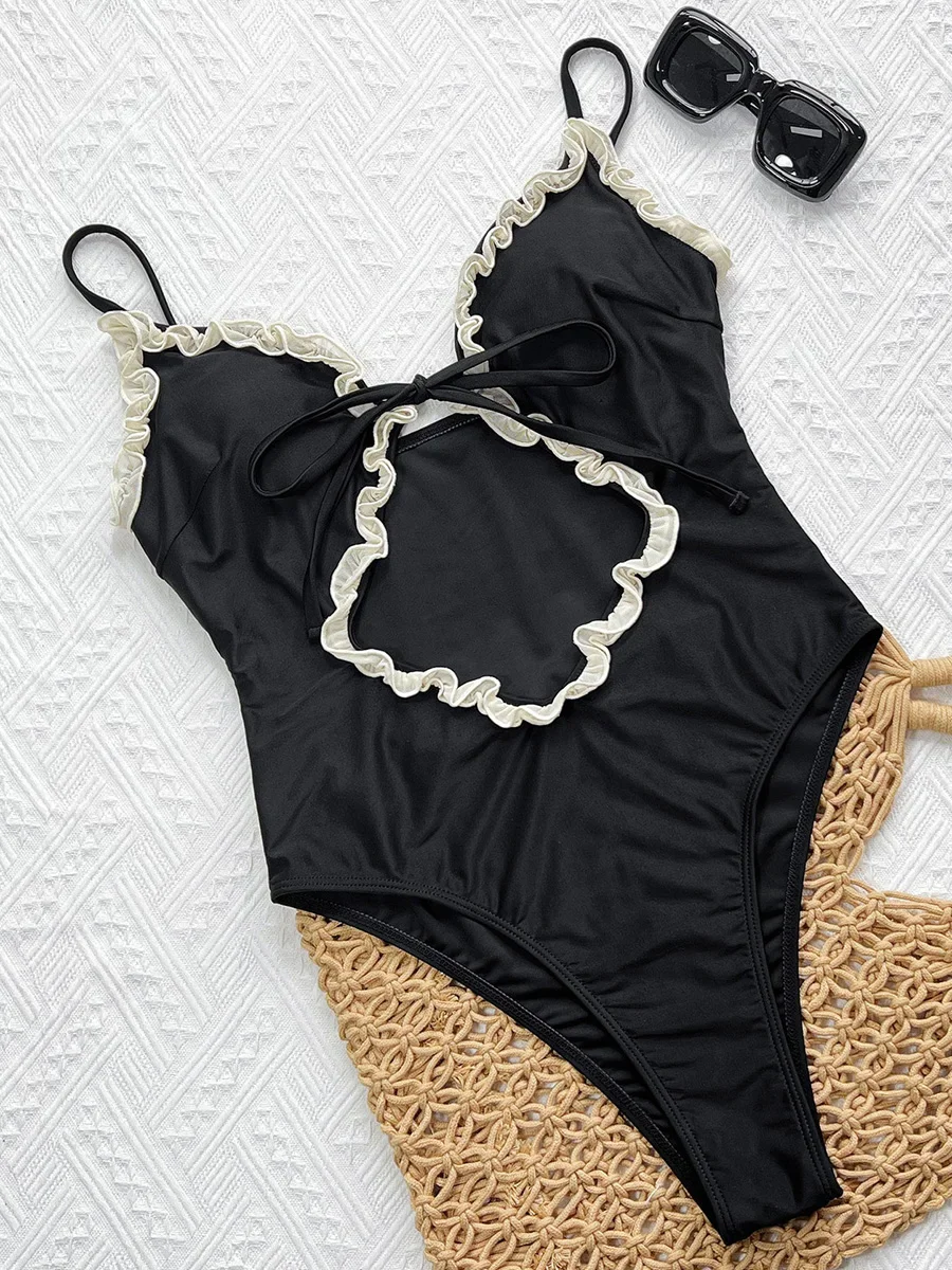 Hollow Out Lace Trim Ruffled Female Swimwear One Piece Swimsuit Women High Cut Leg Monokini Leopard Bather Bathing Suit Swim