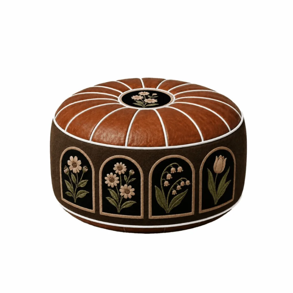 PU Leather Oil Painting Pattern Stool Cover Waterproof Large Capacity Pouf Cover Round Unfilled Footstool Cover Living Room
