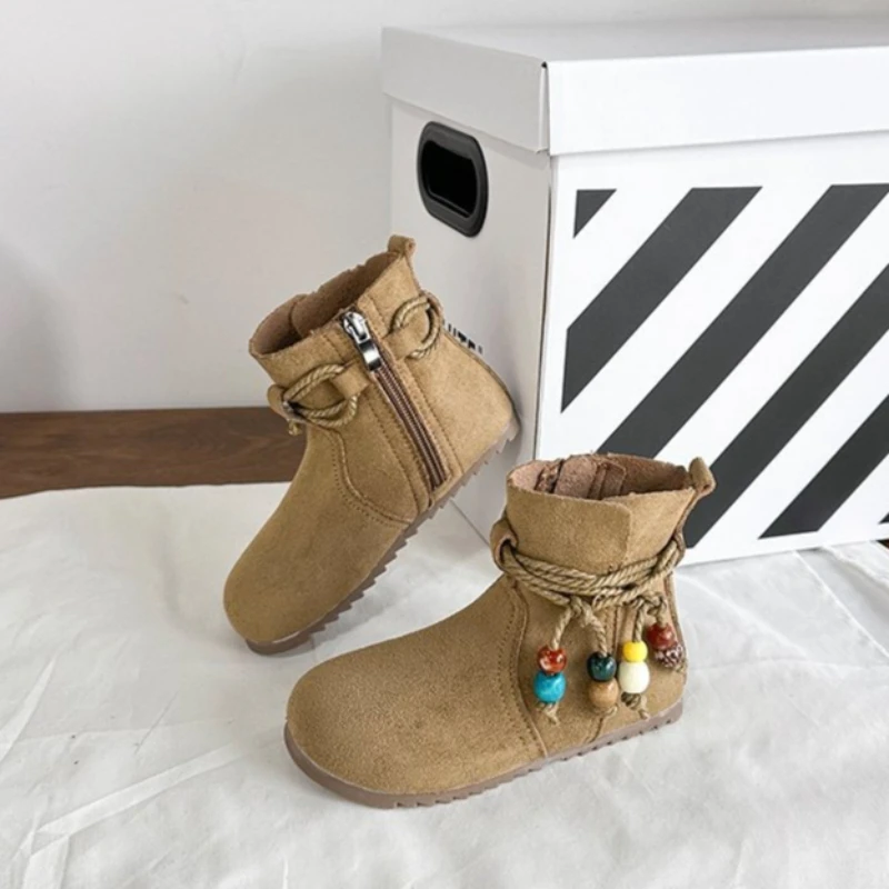 Toddler Ankle Boots Side Zipper Spring Autumn Vintage Kids Flat Boots for Girls Outdoor Round-toe Soft Children's Causal Boots