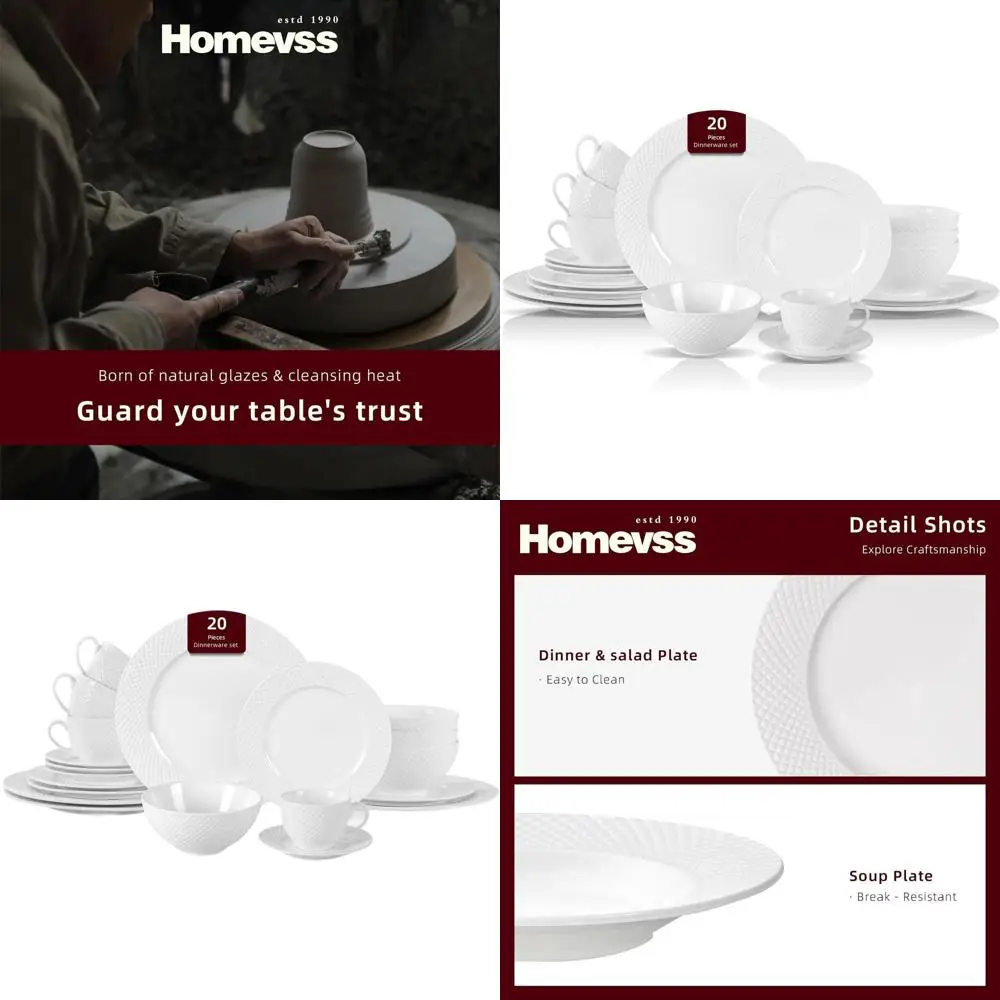 Elegante Juego de Vajilla de Porcelana China con Diseño de Diamantes, Colección de 20 Piezas