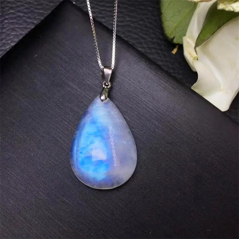 S925 Natural Blue Moon Stone Teardrop Pendant Gemstone Carving Reiki Fashion Healing Crystal Stone DIY Accessories