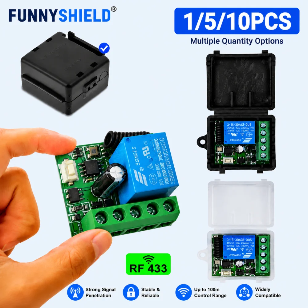 FUNNYSHIELD Wireless Remote Control Switch 433mhz DC 12V 1CH Relay Receiver for Learning Code Transmitter Gate Electronic Door