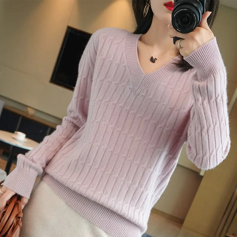 Tops de punto de Color liso para mujer, suéteres de manga larga que combinan con todo, cuello en V, moda de otoño e invierno, 2023