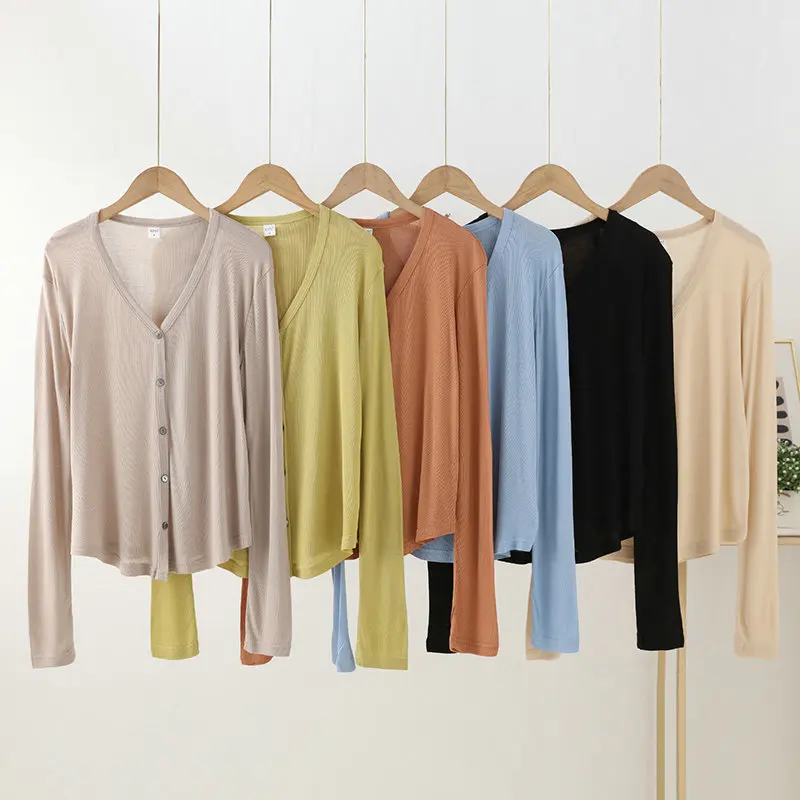 Fashion V-Neck Lyocell Cardigan with buttons Loose Casual Sun protective clothing Long sleeves Air-conditioned shirt