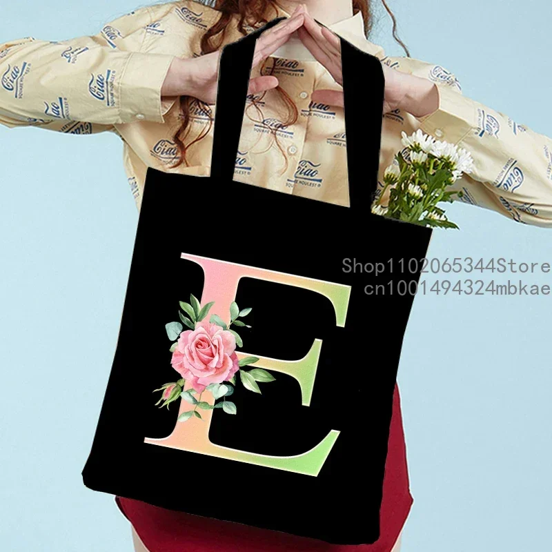 Pink Green Letter Handbag Lady Rose Alphabet Shoulder Bag Student Outdoor Beach Canvas Tote Bag Girl Foldable Shopping Bag Black