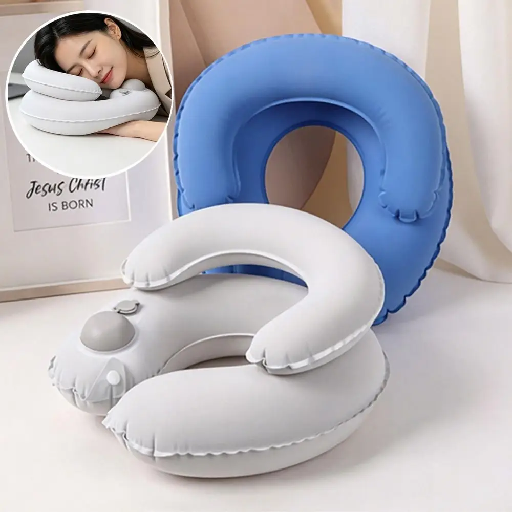 Portable Inflatable Pillow Double Layer Soft Flocking Travel Neck Pillow Press Type Quick Self-Inflation Napping Neck Headrest