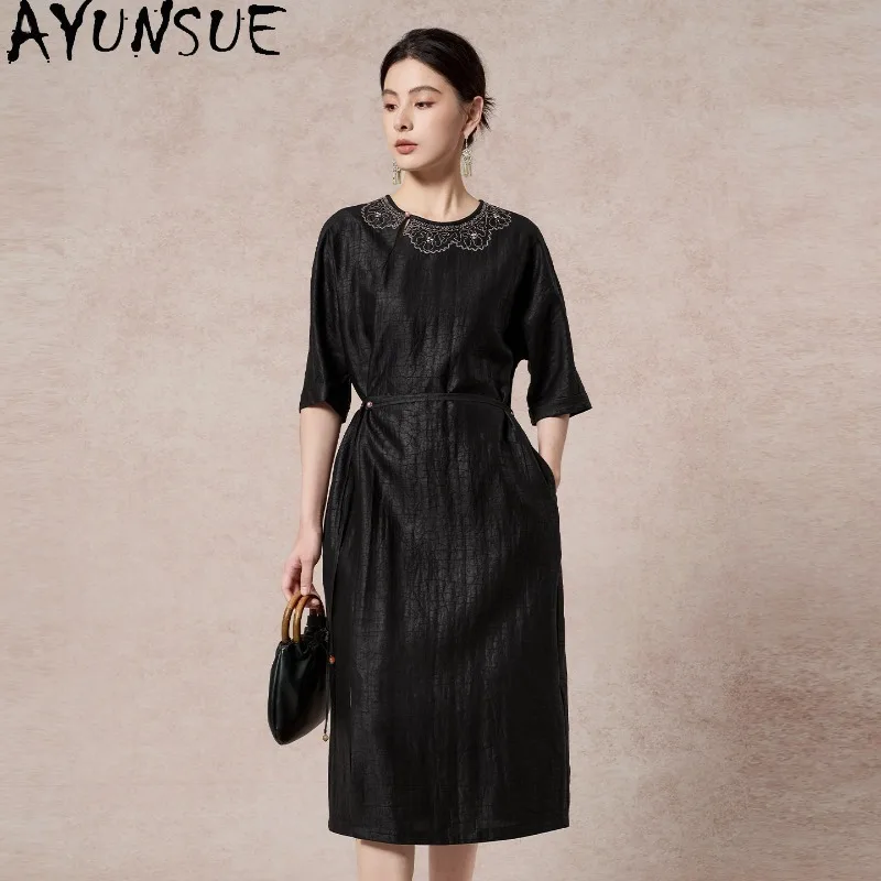 

AYUNSUE Xiangyunsha Silk Dresses for Women Chinese Style Embroidered Black Dress Elegant Lace-up Summer Dresses Woman Clothes