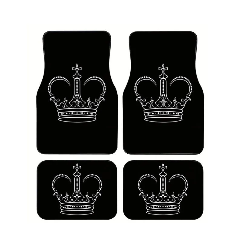 

4Pcs White Crown Black Car Floor Mats Minimalist Royal Style Anti-slip Waterproof Foot Pads Auto Interior Decoration Sedan SUV