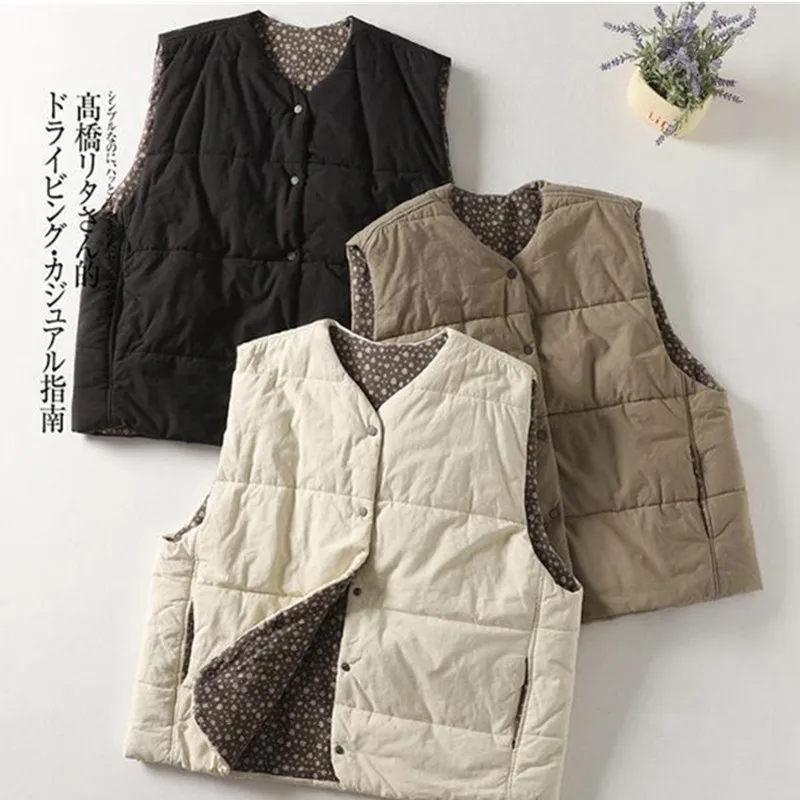 

Winter Faion Simple Pure Color Cotton Lined Vest Thiened Round Ne Loose Women's Casual Outerwear Large Size Coats