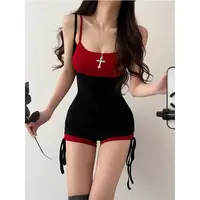 American Style Street Girl Sexy Suspender Jumpsuit Shorts Color Blocked Fake Two-Piece