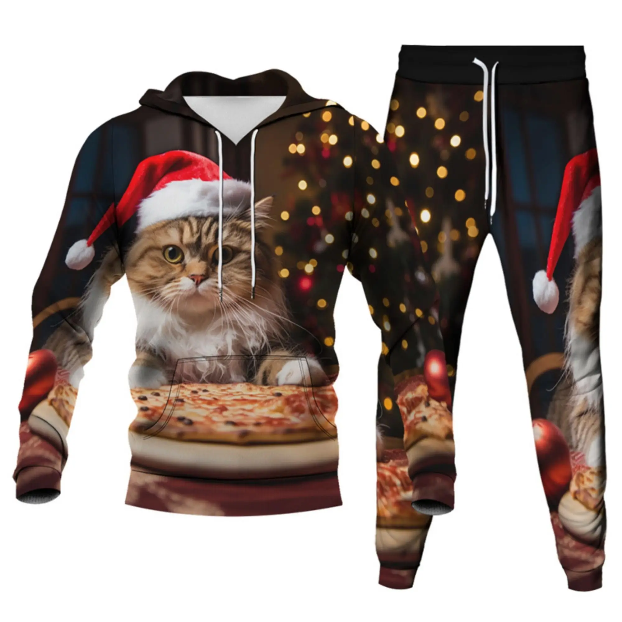 Adult 3D Christmas Pizza Cat Printed Hoodie Pants Two Pieces Tracksuit Men Women Novelty Xmas Sweatshirts Joggers Sweatpants Set