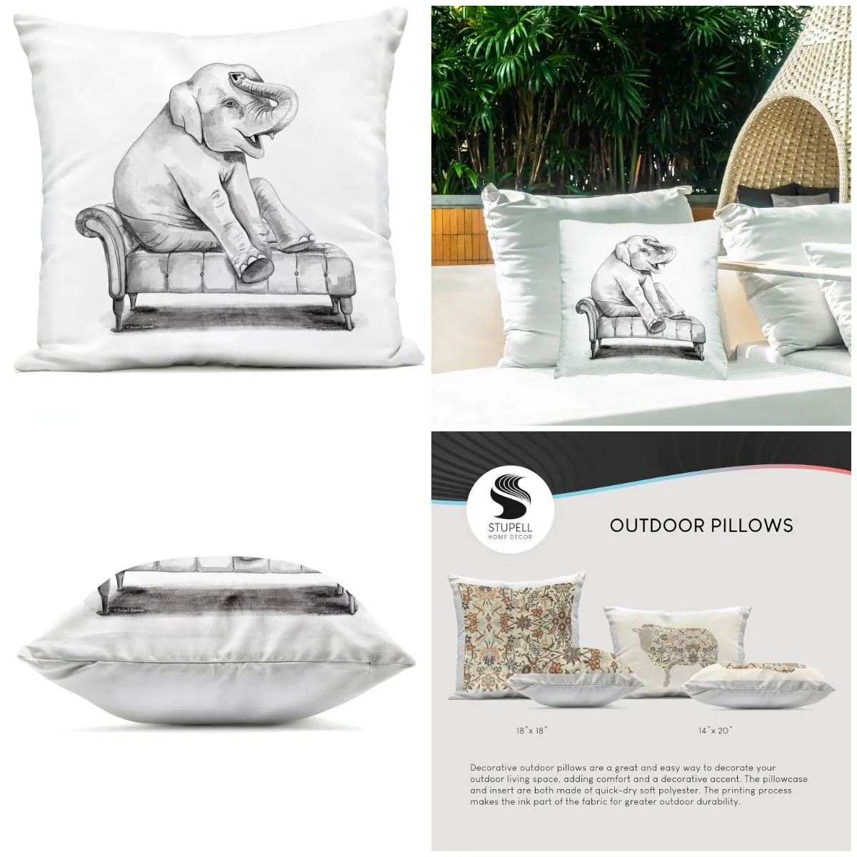 

Elephant on Chaise Lounge Outdoor Printed Throw Pillow, 18 x 7 x 18, Grey