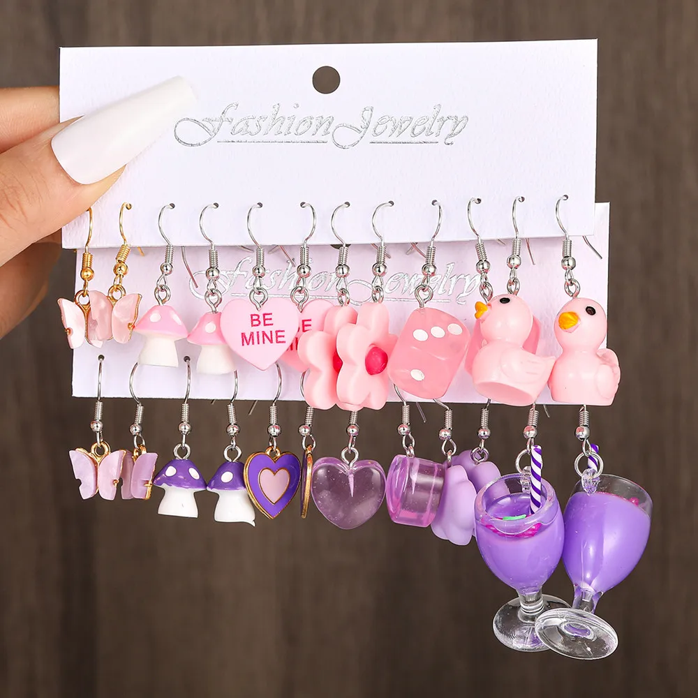 New Cute Butterfly Colorful Heart Earrings Set for Women Girl Cartoon Duck Goblet Dangle Earring Funny Party Jewelry Accessories