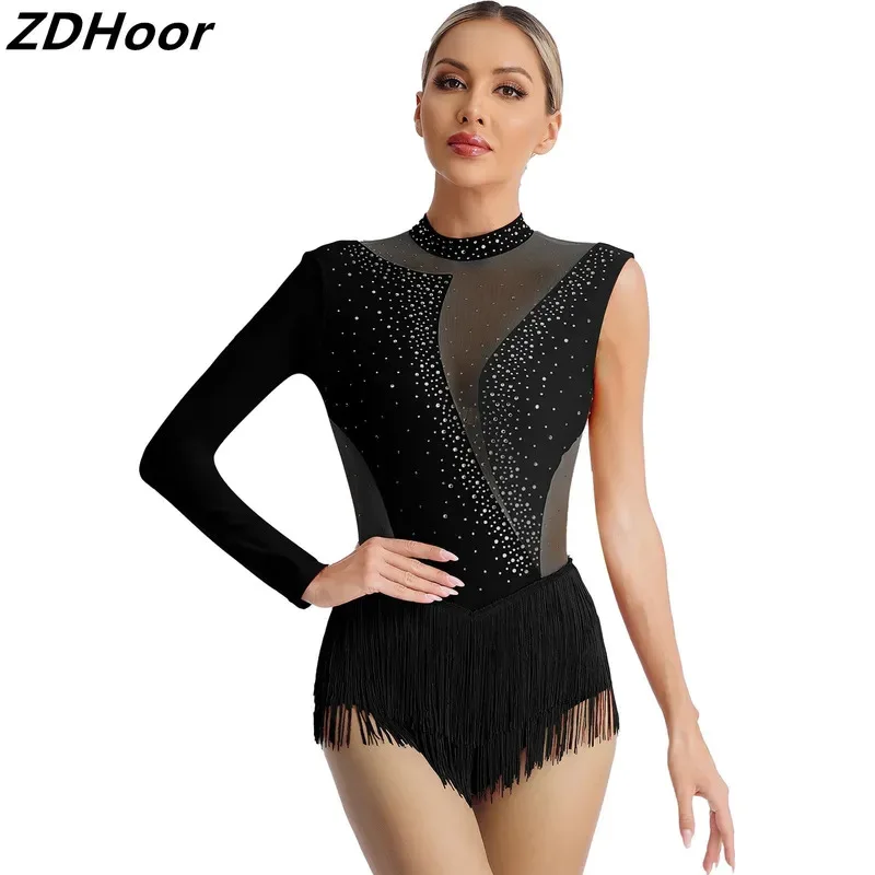 

Womens Figure Skating Dance Leotard Sparkling Rhinestone Contrast Color Tassel Mesh Patchwork Cutout Back Fringed Bodysuit