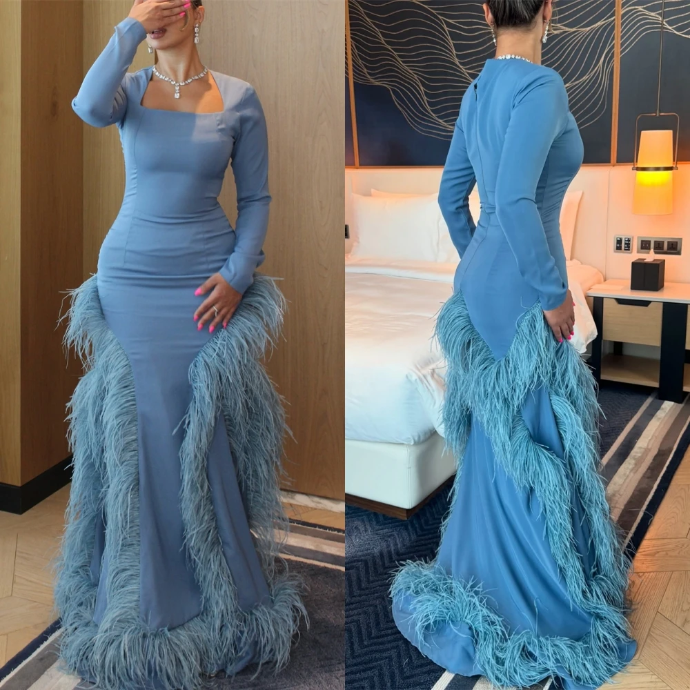 

Customized Elegant Blue Jersey Evening Dress Formal Square Collar Long Sleeves Party Dress Soft Mermaid Feathers Celebrity Gowns