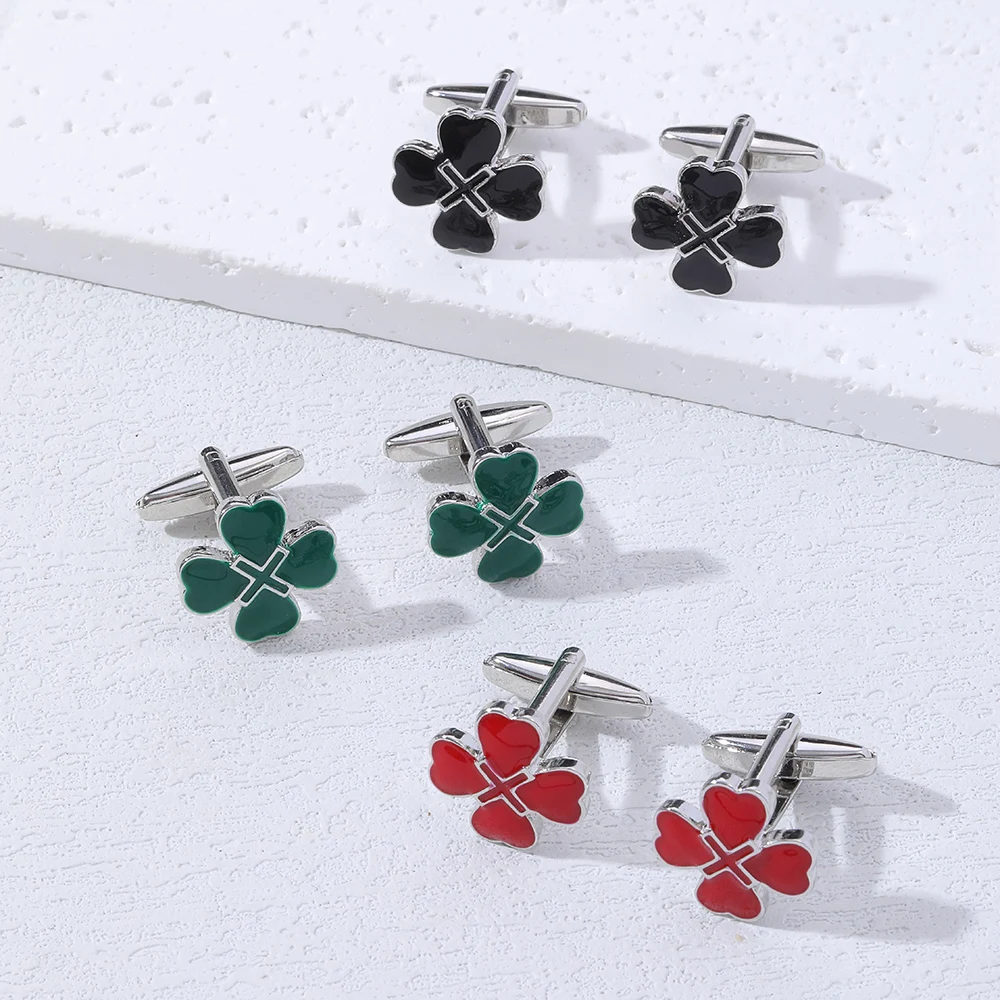 Funny Black Red Green Colors Lucky Clover Design Mens Cufflinks Business Wedding Shirt Suit Tuxedo Blouse Cross Cuff Button