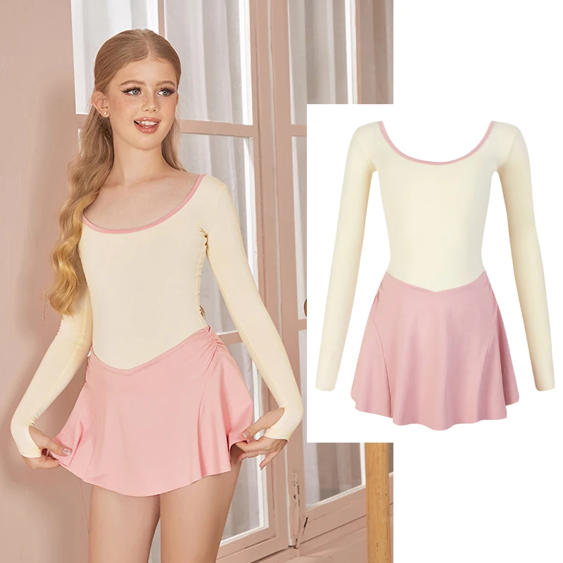 enfants-robe-de-danse-latine-filles-zym-robe-a-manches-longues-vetements-d'entrainement-cha-cha-rumba-robe-d'entrainement-de-danse-beige-rose-dnv25641