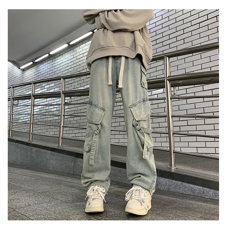 2026 Four Seasons American Style Men's Washed Multi Pocket Casual Trendy Simple Basic Drawstring Denim Trousers Male Jeans Pants