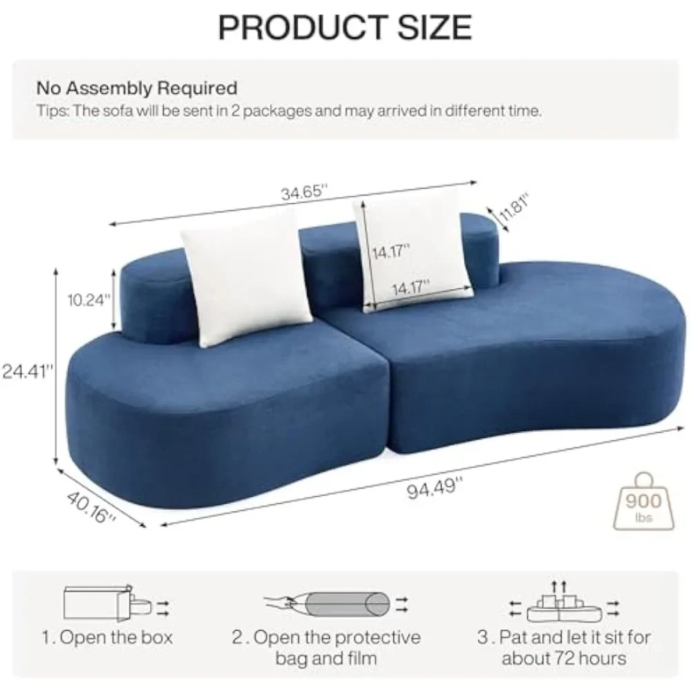 Modern Curved Sofa, 94 Inch Minimalist Modern Sofa, Equipped with 2 Pillows, Soft and Comfortable Fabric 3-4 Seater Sofa