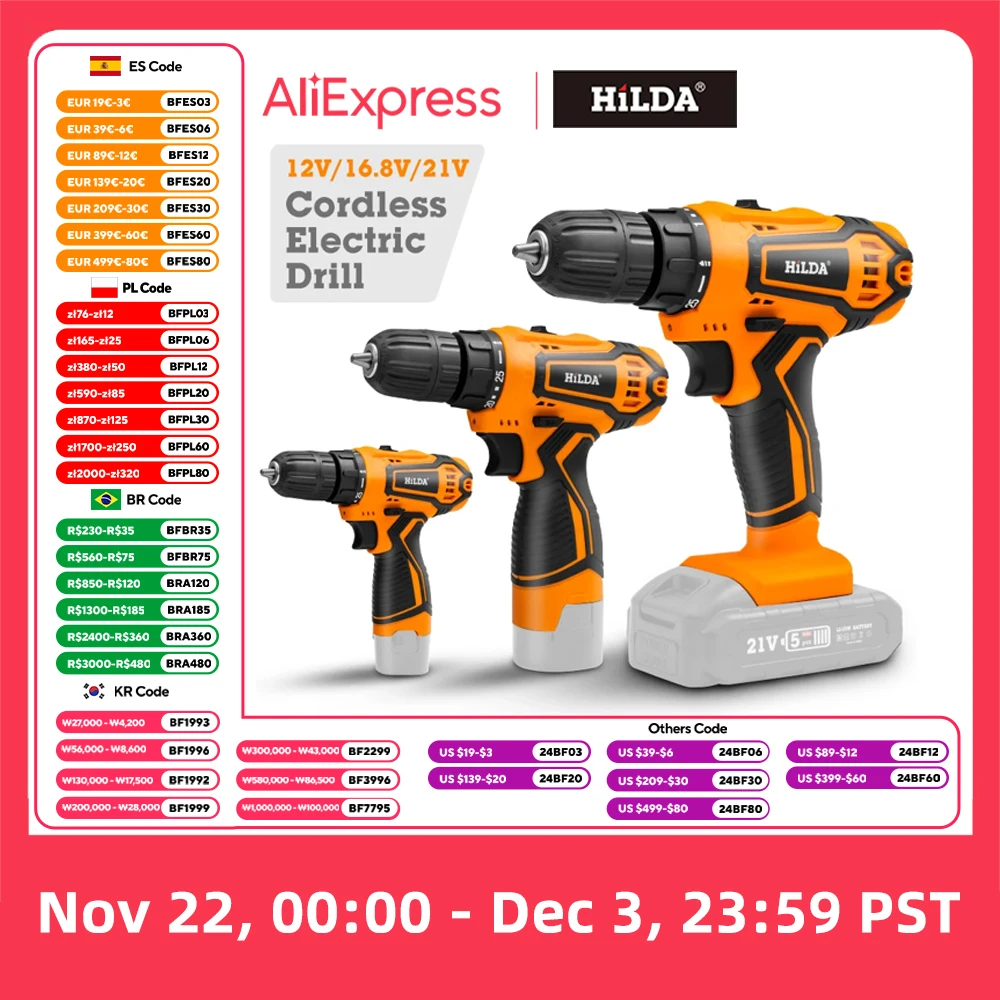 HILDA 12V 16.8V 21V Cordless Drill Electric Screwdriver Mini Wireless Power Driver DC Lithium-Ion Battery Power Tools