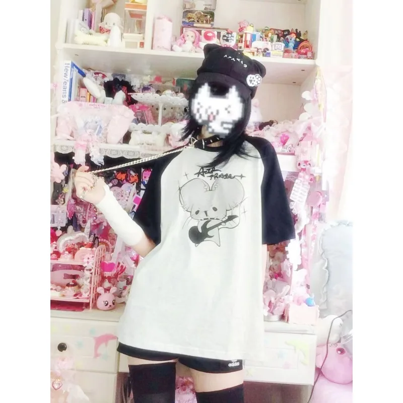 Casaul Maglietta Bianca Donna Harajuku Sottocultura Estate 2024 Magliette Allentato Cosplay Kawaii Carino Y2k Cartoon Stampa Pantaloncini Manica Magliette E Camicette