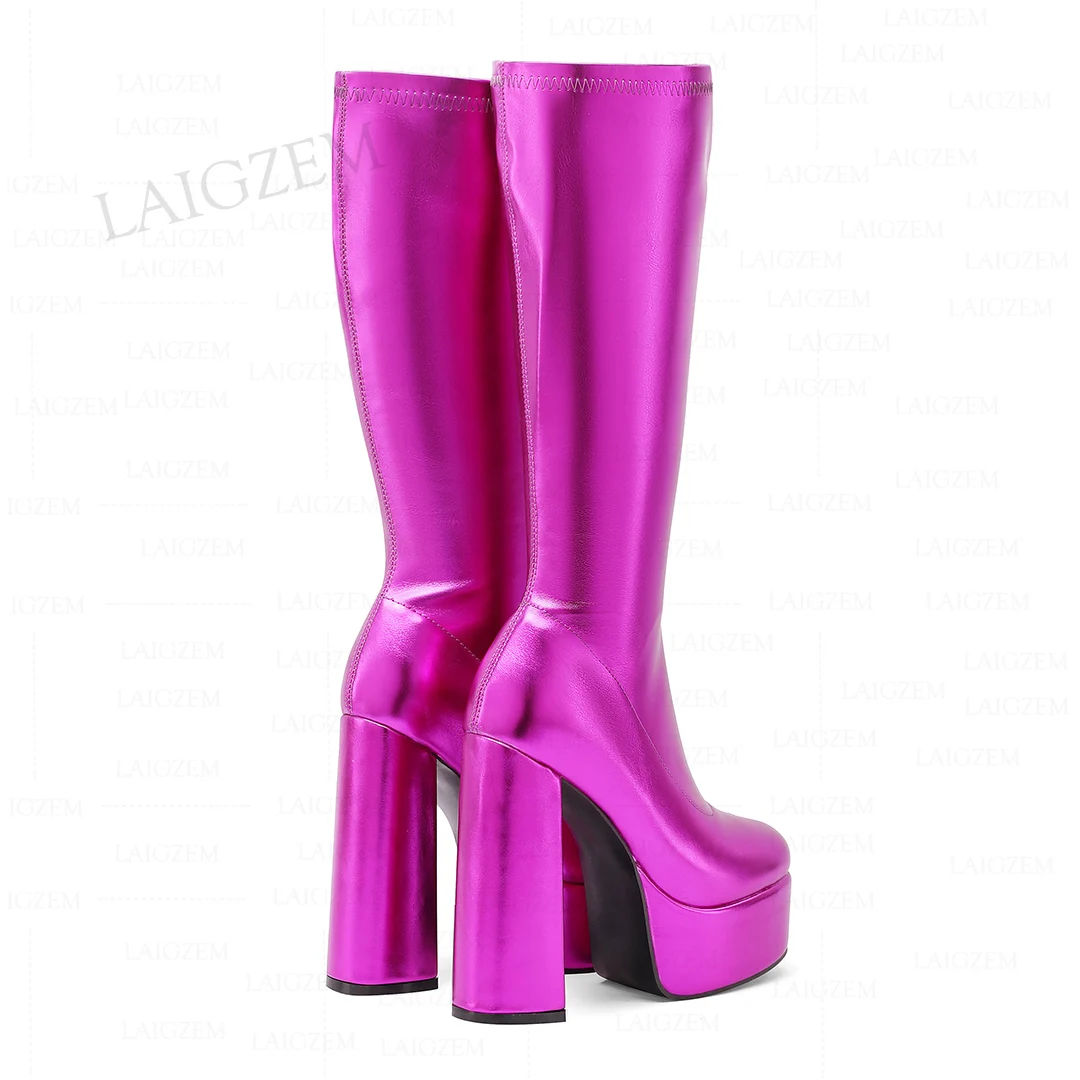 LAIGZEM Slim Fit Women Knee High Platform Boots Elastic Thick High Heels Pull On Metallic Boots Shoes Woman Big Size 36 39 41 43