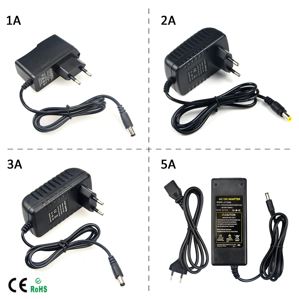 12V Power Supply Transformer with EU/US Plug Charger Converter AC 100-240V to DC 12V LED Lighting Adapter Driver 1A 2A 3A 5A 8A