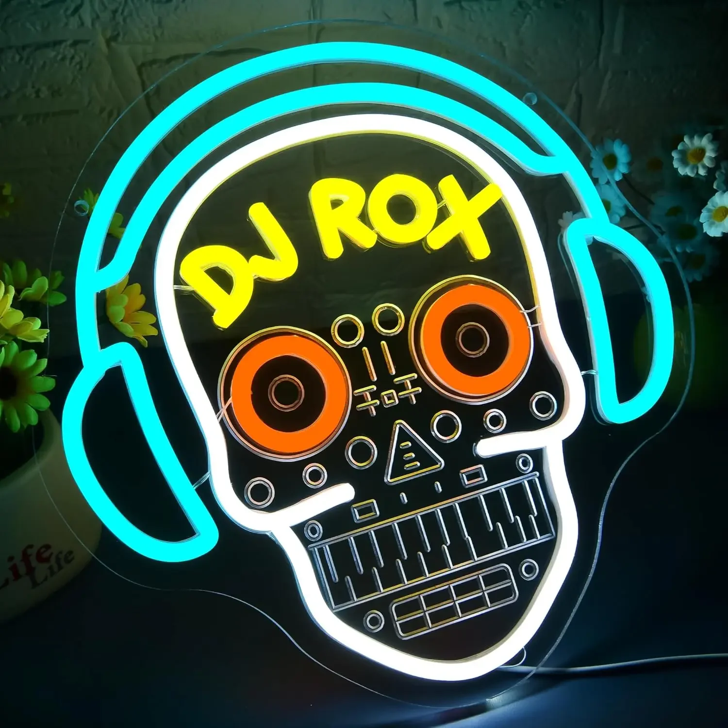 DJ Skull Neon Sign Art Wall Light USB Powered LED Light for Studio Dancing Hall Mexican Bar Gaming Room Bedroom Decoration Gift