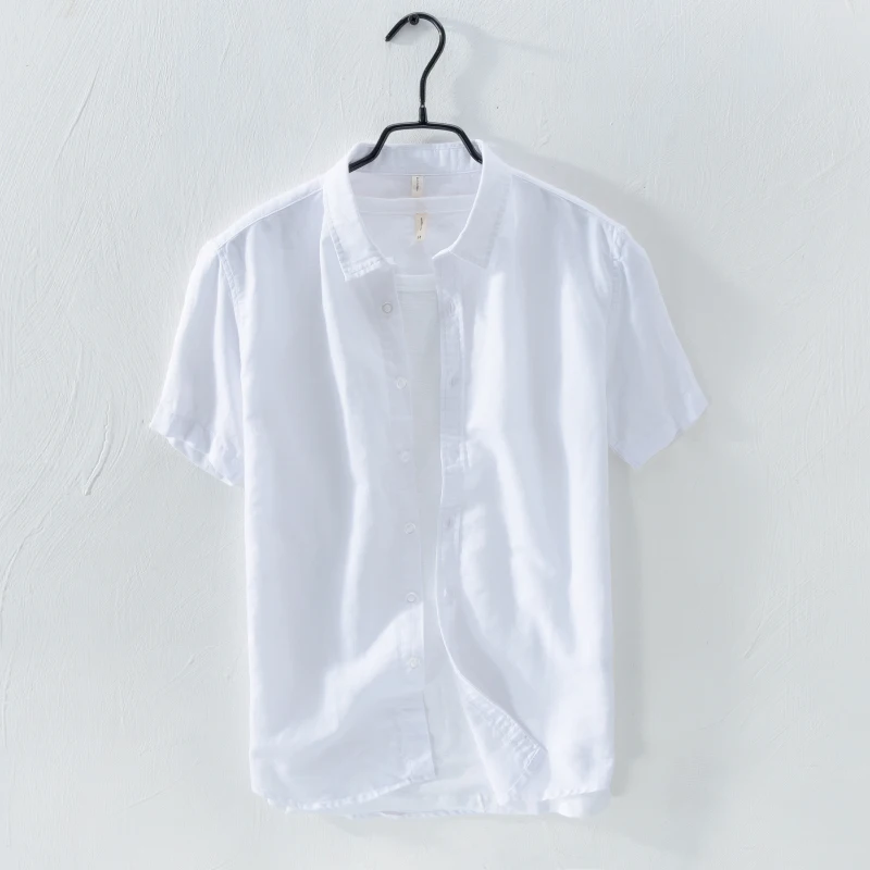 

Мужская льняная рубашка с коротким рукавом, летняя, тонкая, из хлопка и льна, модная белая рубашка с полурукавом, дышащая, свободного кроя, на пуговицах