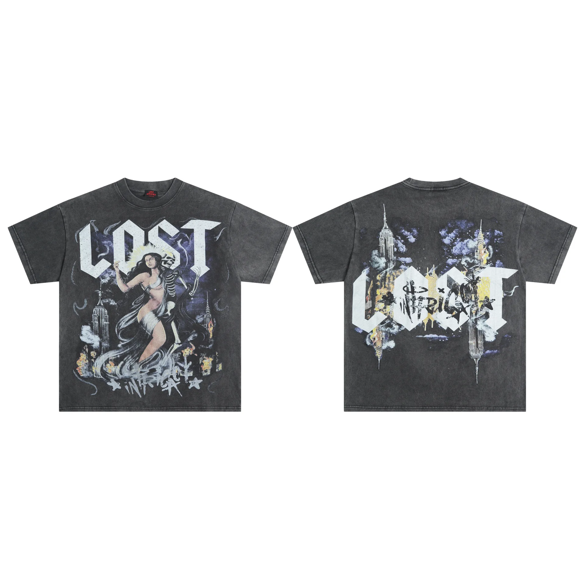 American Streetwear Retro Skull Portrait Print Lost Intricacy Short-sleeved TShirt Men's Casual Fashion Hot Drill T-shirts