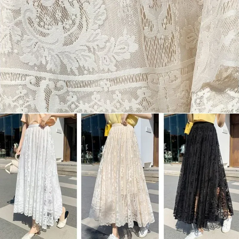 Lace High Waist Skirt Women Faldas Ropa Mujer Casual Loose Summer White Long Skirts Ladies Fashion Jupe Solid Woman Clothes Saia