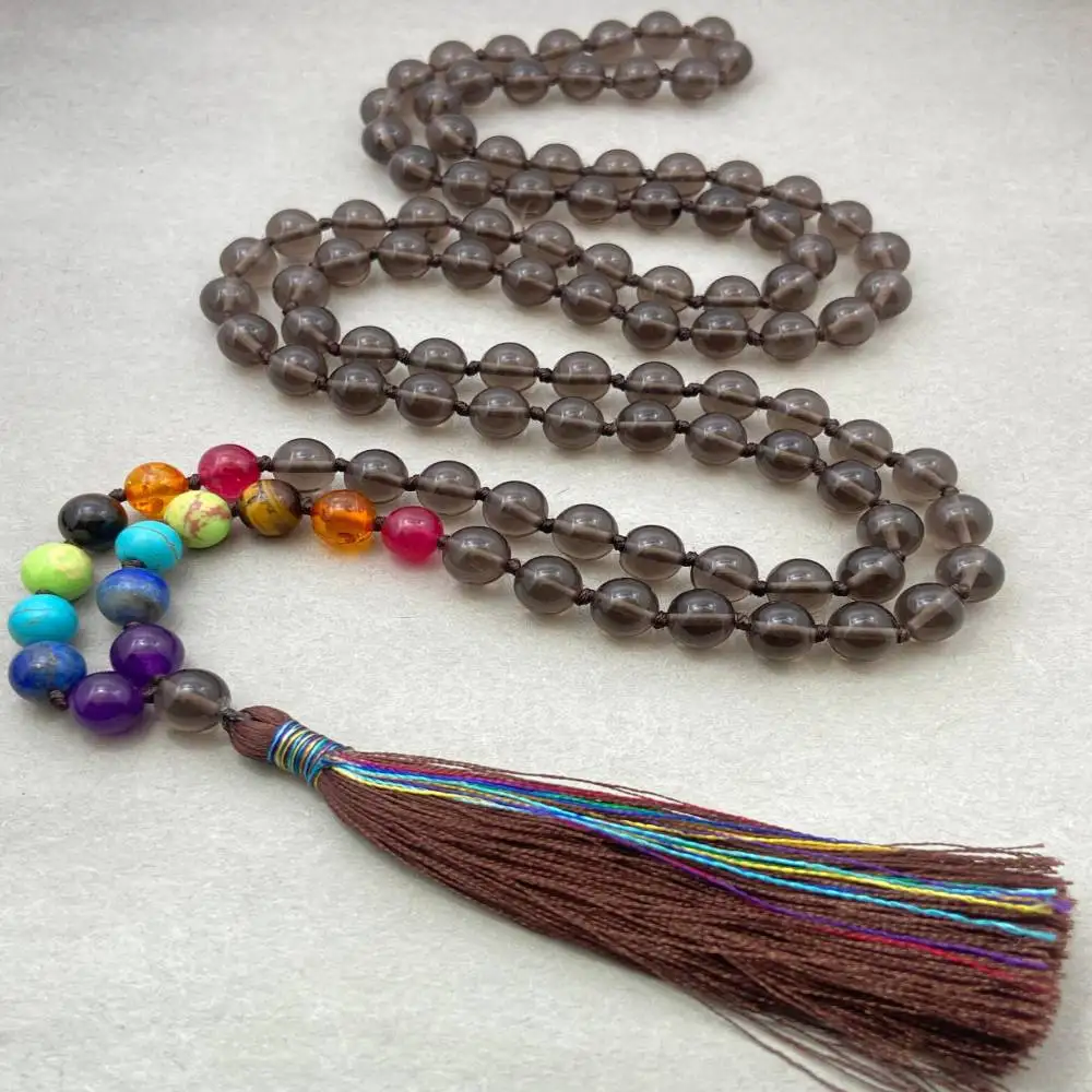 

Natural Smoky Quartz 108 Beads Mala Necklace with 7 Chakra & Colorful Tassel Healing Crystal Jewelry