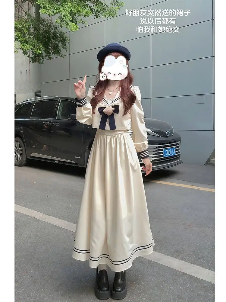 

Japan Jk College Style Wear Navy Collar Short Coat + Jumpsuit Pleated Long Skirt Suit