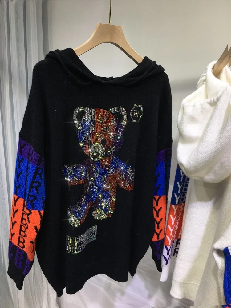 Cartoon Hot Blingbling Drilling Female Sweaters Thicken Warm Loose Hooded Top New Autumn Winter Streetwear Trendy Knit Sweater