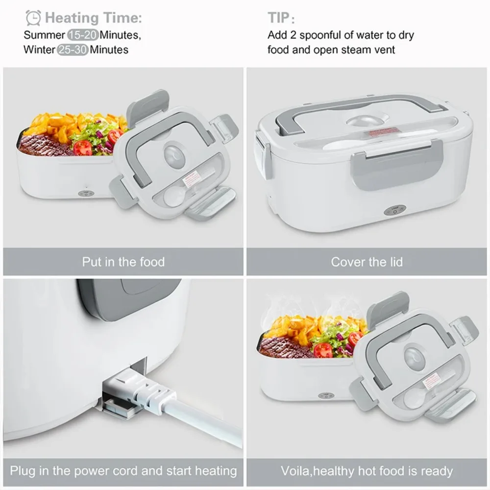 سخان صندوق الغداء الكهربائي 3 في 1 - تسخين سريع 12 فولت/24 فولت/110 فولت حاوية طعام محمولة للبالغين، سائقي الشاحنات وعمال المكاتب